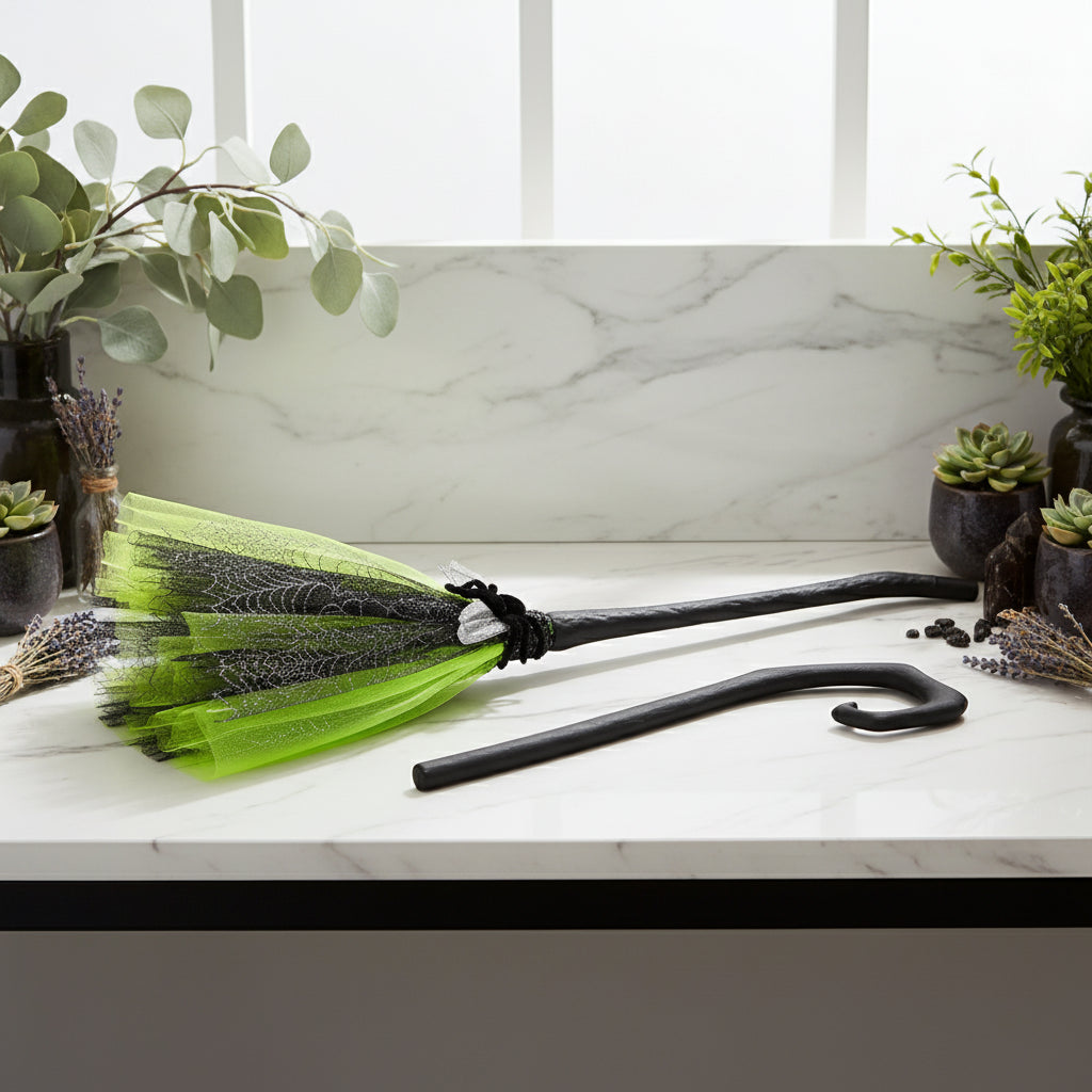 Black witch's broom with green tulle on a white background