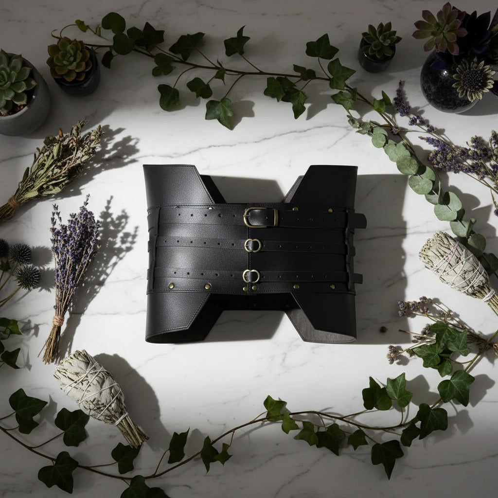 Black leather corset with gold buckles on a white background