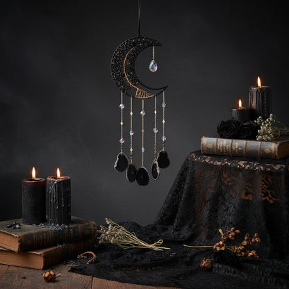 Obsidian Crystal Dreamcatcher - Sorceress Sanctuary Black Big Moon Agate Tablet
