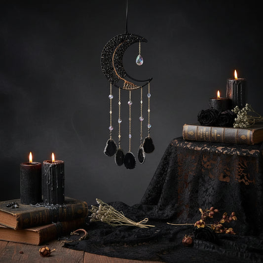 Obsidian Crystal Dreamcatcher - Sorceress Sanctuary Black Big Moon Agate Tablet