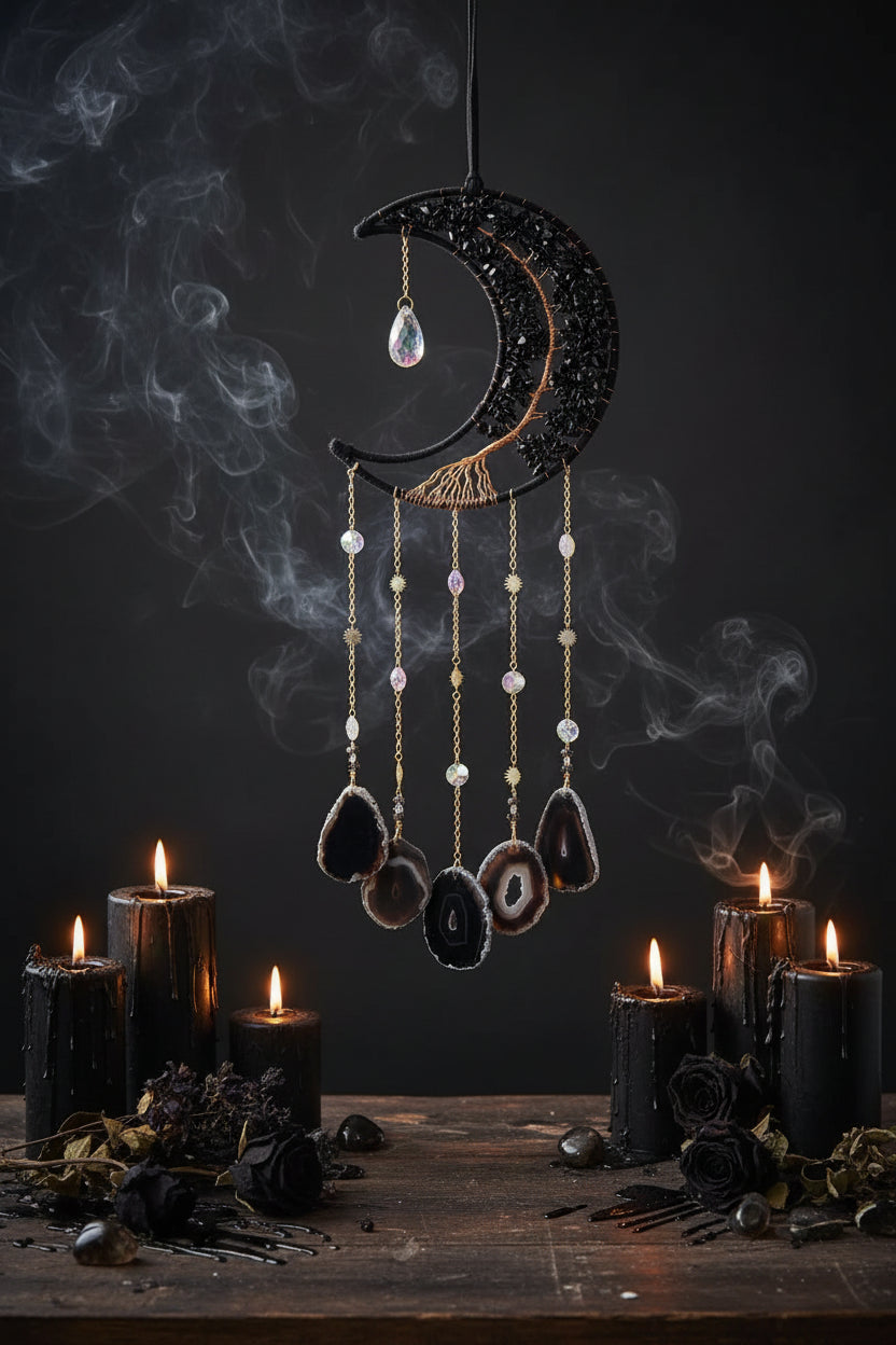 Obsidian Crystal Dreamcatcher - Sorceress Sanctuary Black Big Moon Agate Tablet