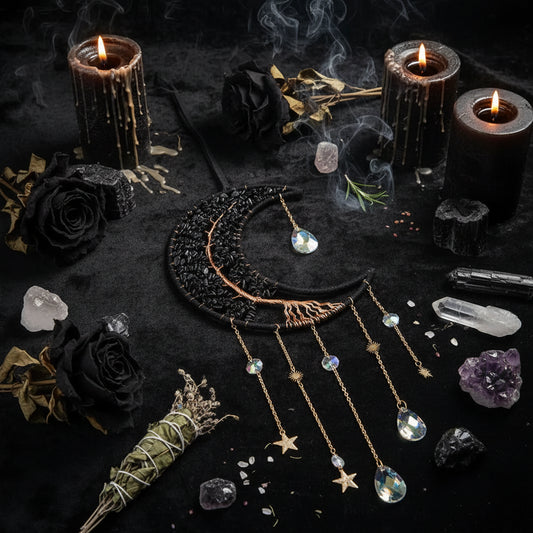 Obsidian Crystal Dreamcatcher - Sorceress Sanctuary Black Big Moon Agate Tablet
