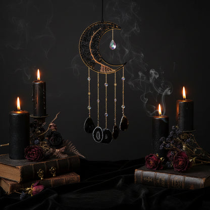 Obsidian Crystal Dreamcatcher - Sorceress Sanctuary Black Big Moon Agate Tablet