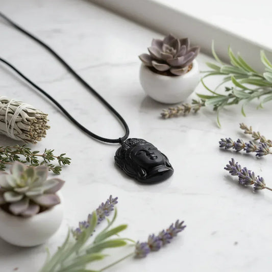 Obsidian Guanyin Necklace - Sorceress Sanctuary Pendant+rope