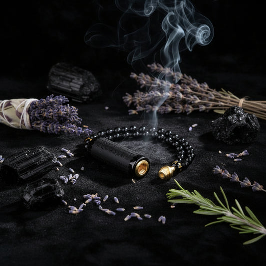 Black beaded necklace with brass ends on a dark background
