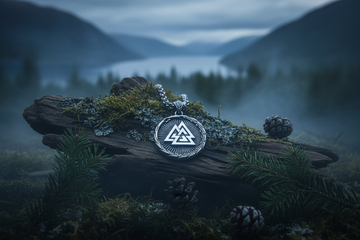 Silver Valknut pendant on a chain against a white background