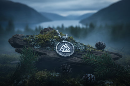 Silver Valknut pendant on a chain against a white background