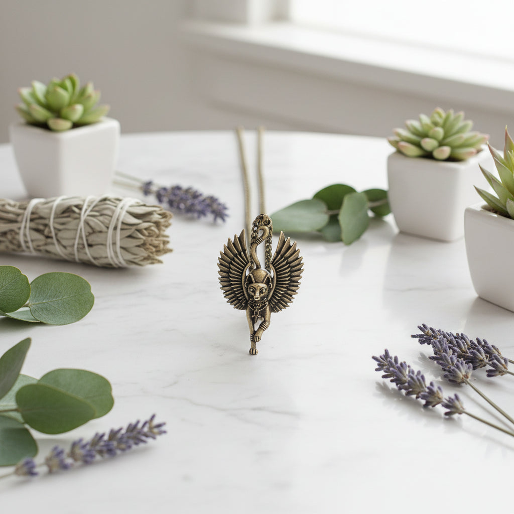 Bronze cat with wings pendant on a chain against a stone background
