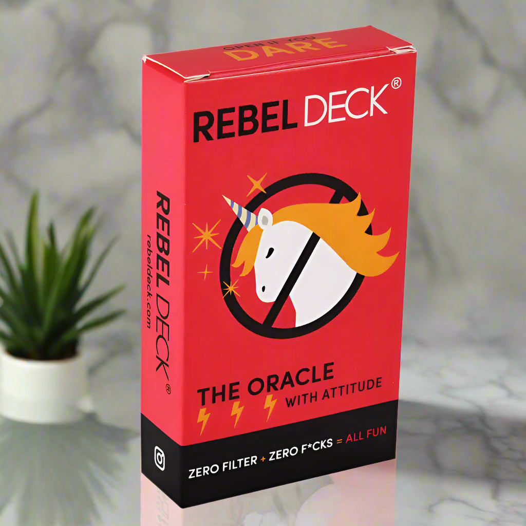 Red box of Rebel Deck with a unicorn illustration on a white background