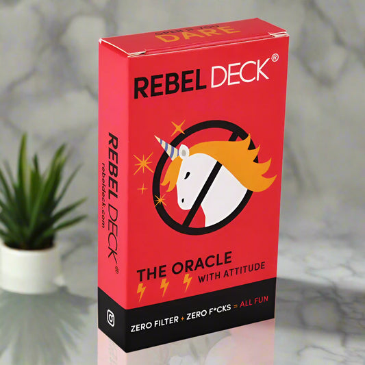 Red box of Rebel Deck with a unicorn illustration on a white background