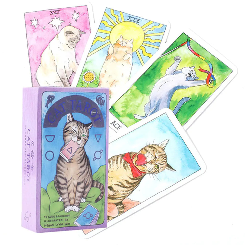 Cat-themed tarot cards with colorful illustrations on a white background