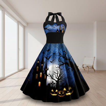 Halloween-themed dress with pumpkins, bats, and a castle on a blue background