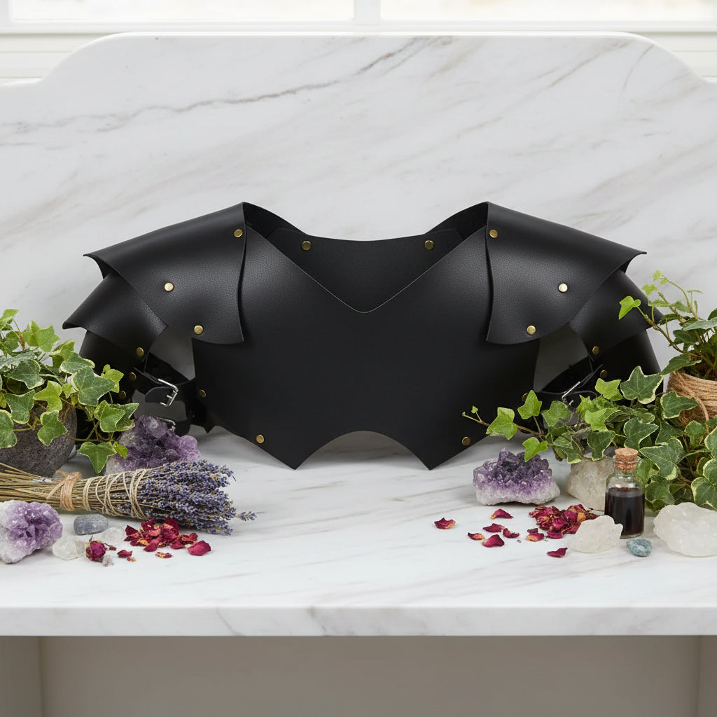 Black leather shoulder guard with decorative elements on a white background