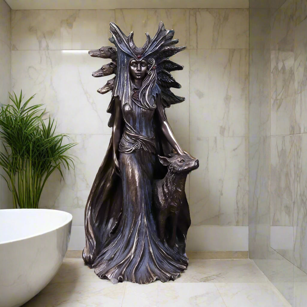 Statue of a hecata with long hair and a wolf on a white background