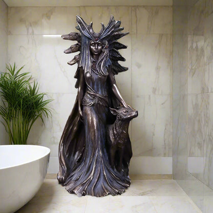 Statue of a hecata with long hair and a wolf on a white background