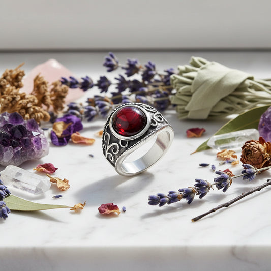 Silver ring with a red gemstone on a white background