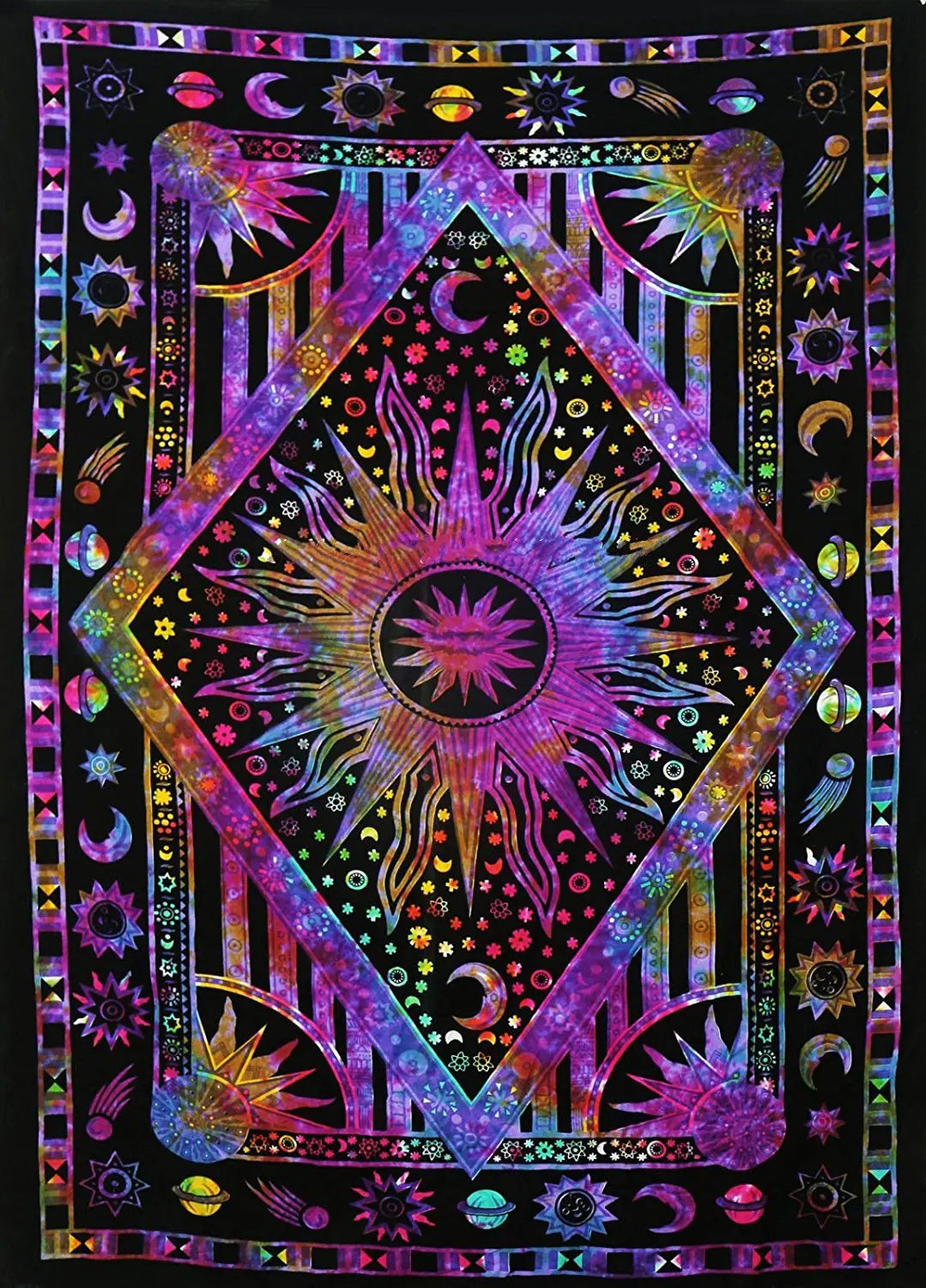 Colorful tapestry with geometric patterns and celestial designs on a black background
