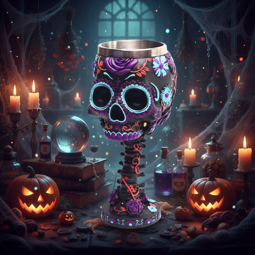 Colorful skull-shaped goblet with floral designs on a white background