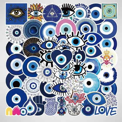 Colorful collage of various eye and symbol designs on a white background