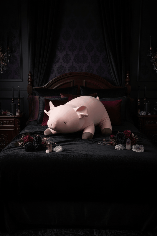 Person holding a large pink plush pig toy in a cozy indoor setting with Christmas decorations.