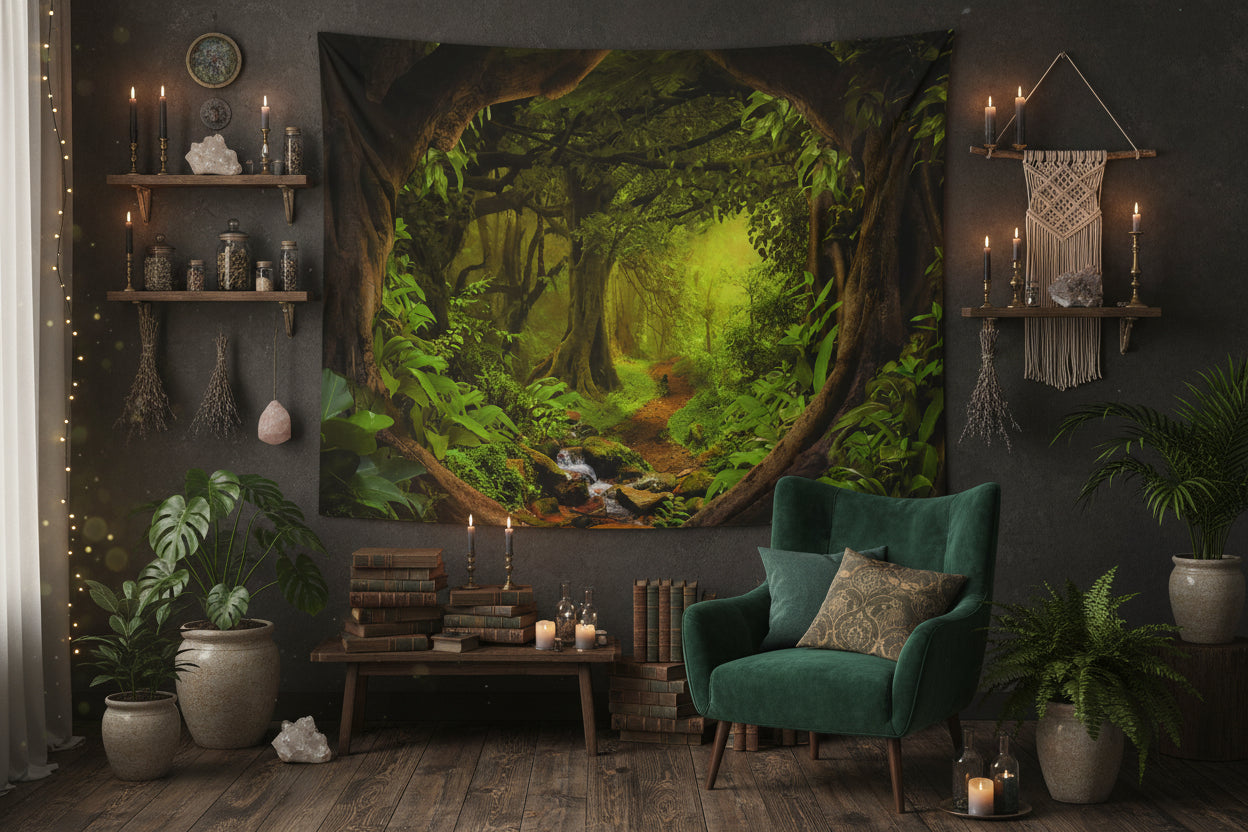 Tapestry depicting a lush green forest with a stream, hanging on a wall above a wooden floor.