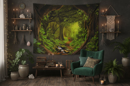Tapestry depicting a lush green forest with a stream, hanging on a wall above a wooden floor.