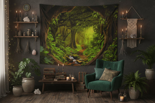 Tapestry depicting a lush green forest with a stream, hanging on a wall above a wooden floor.
