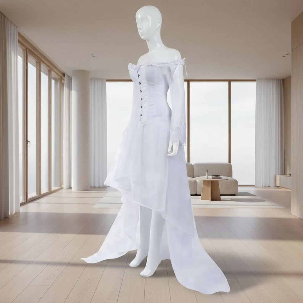 White off-shoulder dress on a mannequin against a white background