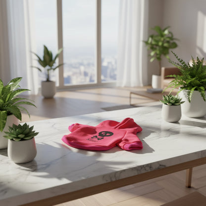 Red pet hoodie with a black skull design and 'Killer' text on a white background