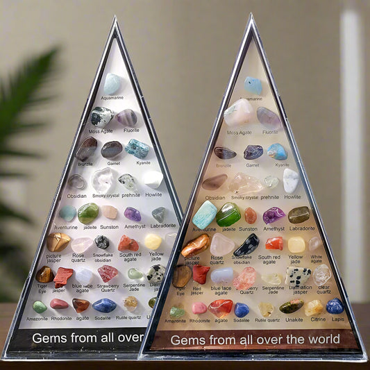 Two triangular displays of gemstones with labels on a white background