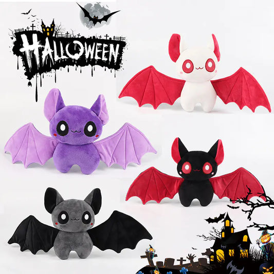 Set of Halloween-themed plush toys with bat designs on a white background.