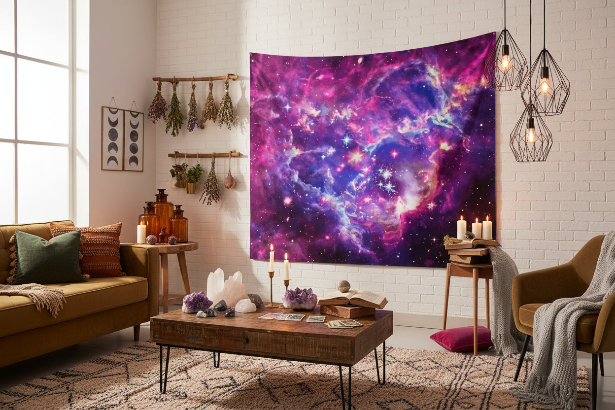 Galaxy tapestry hanging on a wall in a room with a small table and decor items.