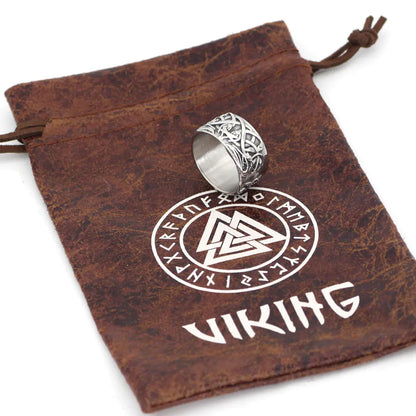 Silver ring on a brown drawstring bag with 'Viking' branding