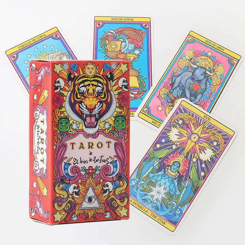 Colorful tarot card set with a prominent tiger design on the box.