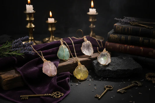 Raw Crystal Necklace - Sorceress Sanctuary Lemon crystal (silver) / Pure natural-Green fluorite (gold) / Pure natural-Lemon crystal (golden) / Pure natural-Amethyst (golden) / Pure natural-Fluorite (silver) / Pure natural