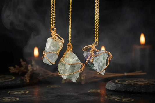 Raw Crystal Necklace - Sorceress Sanctuary Lemon crystal (silver) / Pure natural-Green fluorite (gold) / Pure natural-Lemon crystal (golden) / Pure natural-Amethyst (golden) / Pure natural-Fluorite (silver) / Pure natural