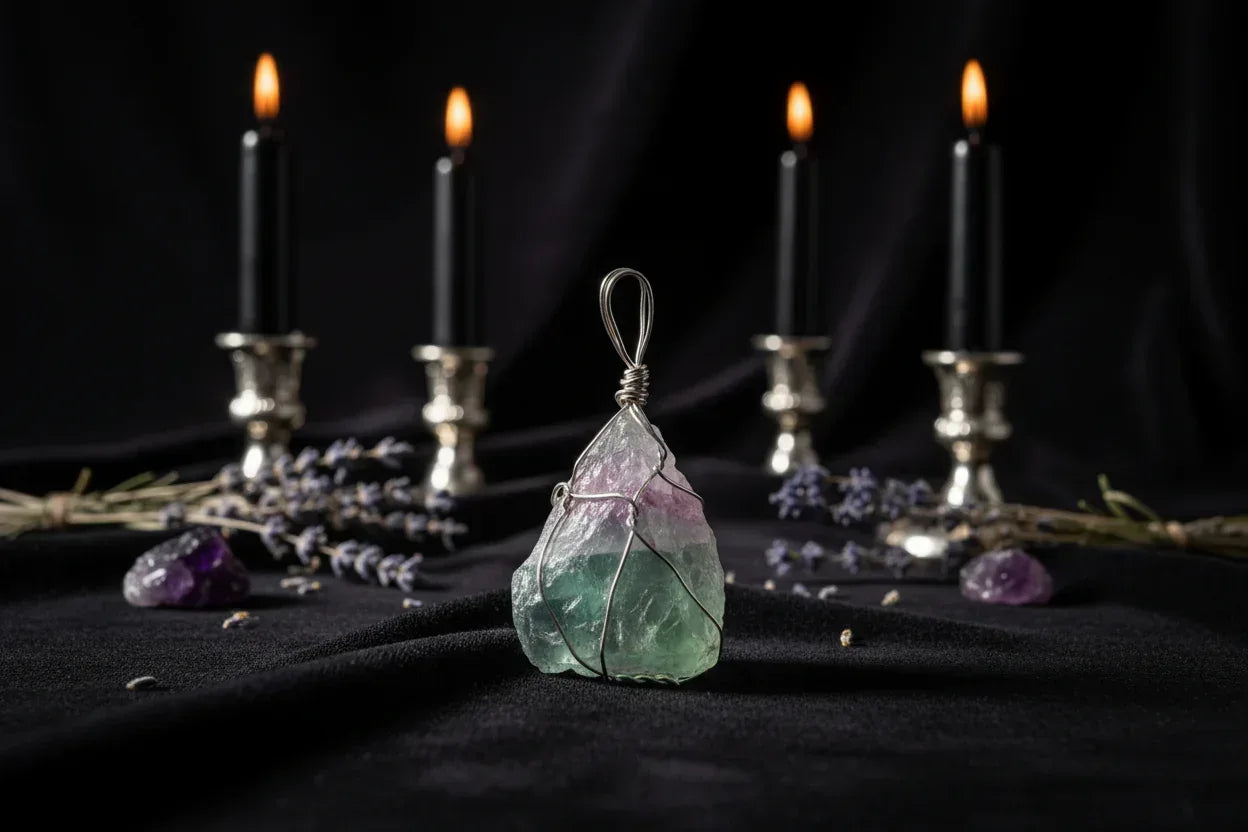Raw Crystal Necklace - Sorceress Sanctuary Lemon crystal (silver) / Pure natural-Green fluorite (gold) / Pure natural-Lemon crystal (golden) / Pure natural-Amethyst (golden) / Pure natural-Fluorite (silver) / Pure natural
