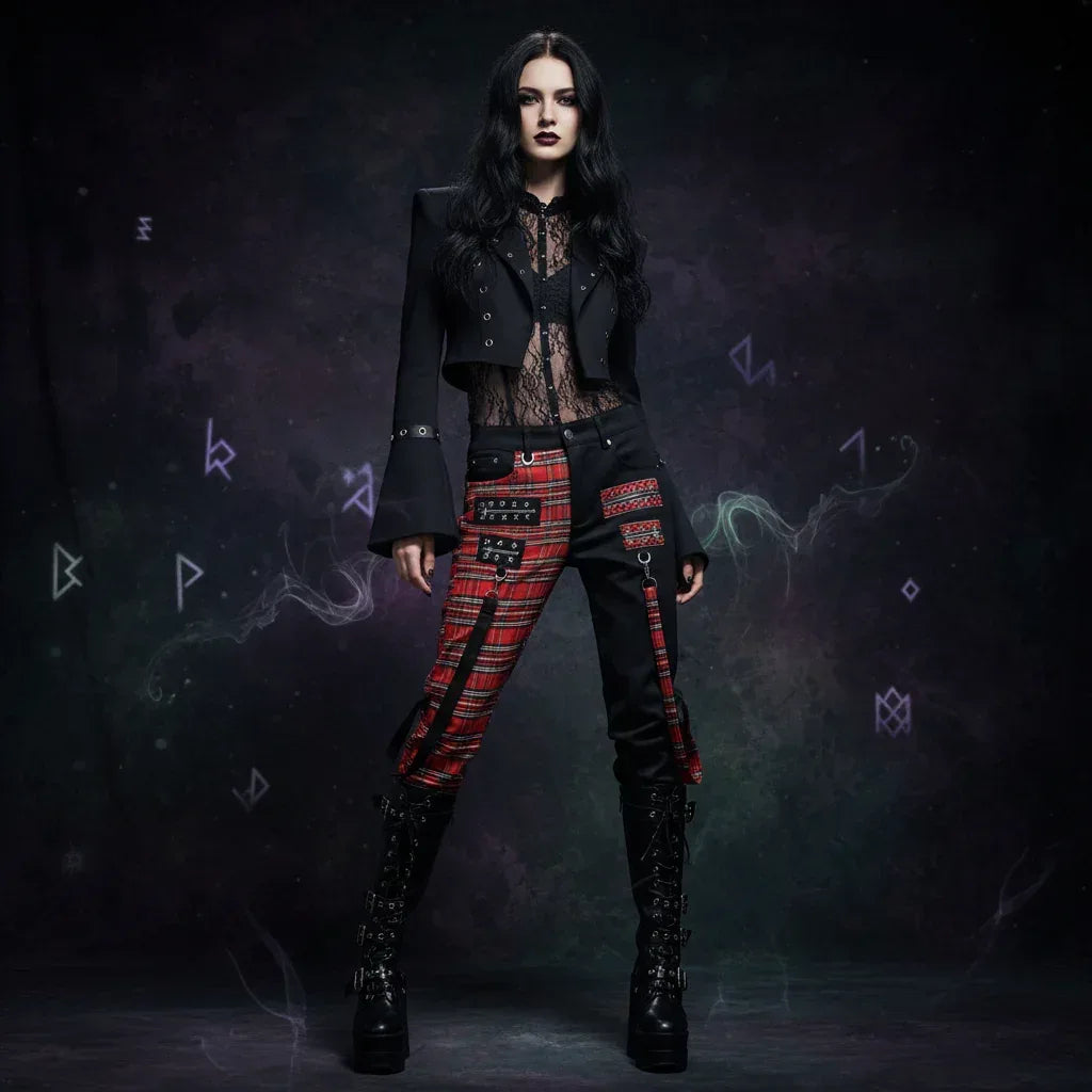 Red Plaid Punk Jeans - Sorceress Sanctuary Black / 29-Black / 30-Black / 31-Black / 32-Black / 33