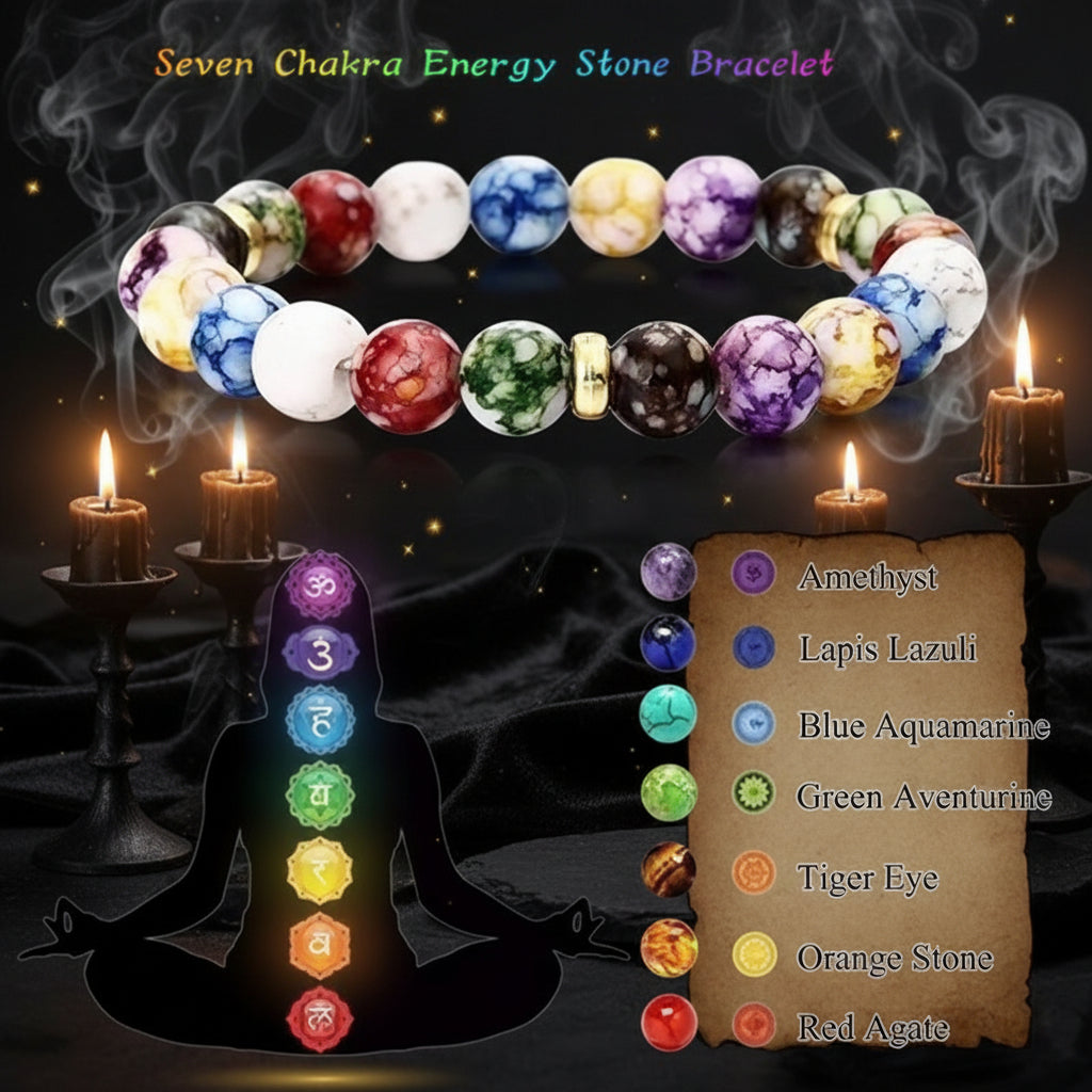 Seven Chakra Energy Stone Bracelet with corresponding stones and a silhouette of a person meditating.