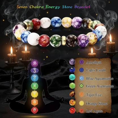 Seven Chakra Energy Stone Bracelet with corresponding stones and a silhouette of a person meditating.