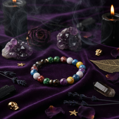 Colorful beaded bracelet with a mystical background featuring geometric shapes and energy lines.