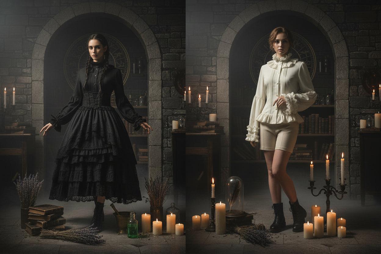 Black and white dresses on mannequins against floral wallpaper.