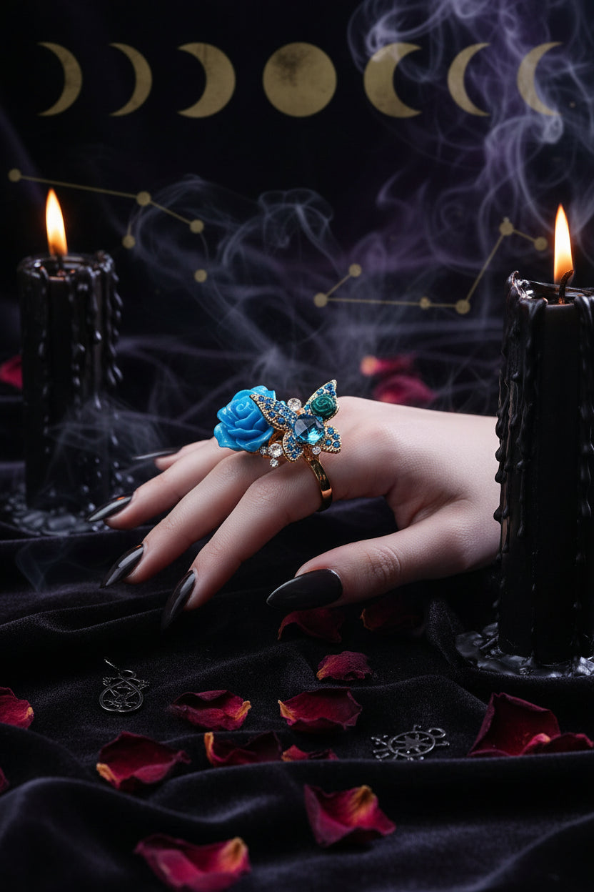 Crystal Rose Flower Ring - Sorceress Sanctuary Black / Adjustable opening-Red / Adjustable opening-White / Adjustable opening-Lake Blue / Adjustable opening-Blue / Adjustable opening