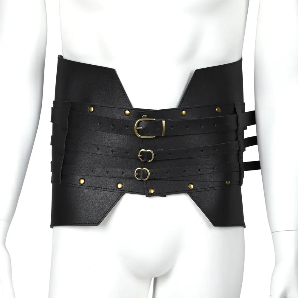 Black leather belt with gold buckles on a mannequin against a white background