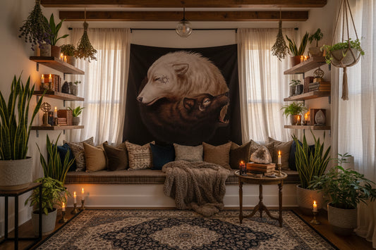 Tapestry with a design of two wolves on a black background, placed on a table with a plant and book in the foreground.