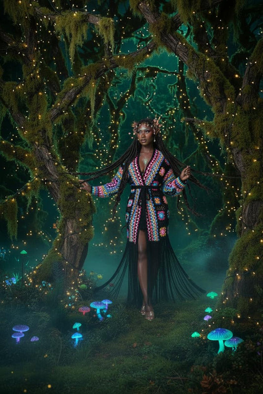 Woman wearing a colorful, patterned robe with black fringe on a gray background