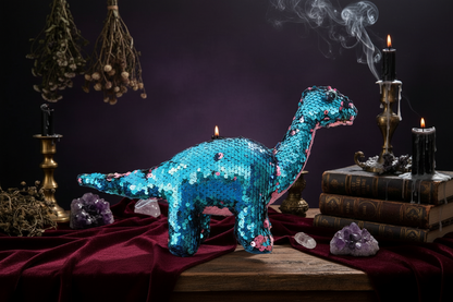 Blue dinosaur-shaped plush toy with pink accents held by a hand, with a measurement label indicating its size.