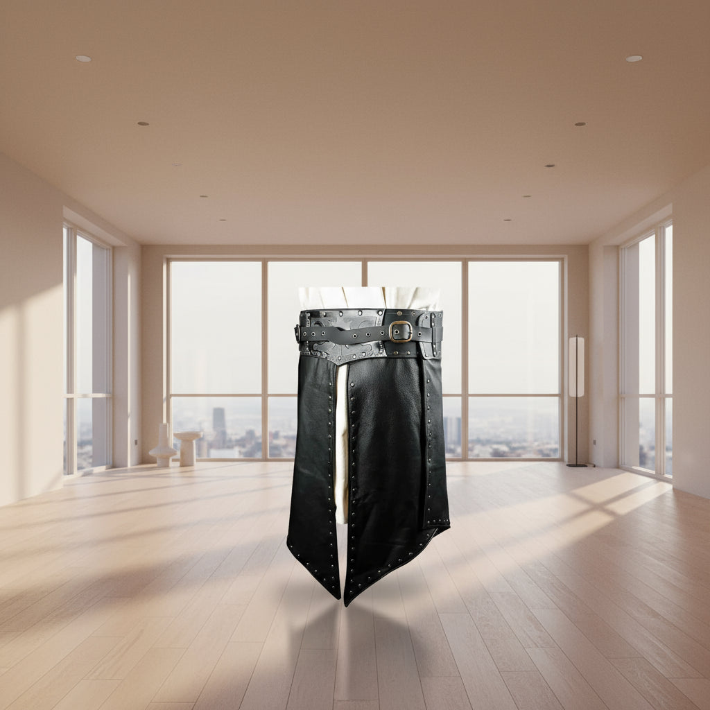 Black leather kilt with metal studs and belt on a white background