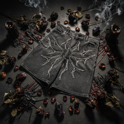 Black denim shorts with tree branch design on a concrete surface