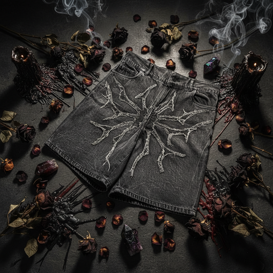 Black denim shorts with tree branch design on a concrete surface